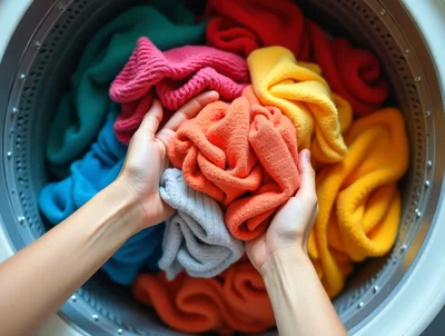 Person Sorting Colorful Laundry In Washing Machine