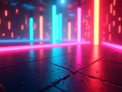 Abstract Neon Light Corridor With Reflective Wet Floor