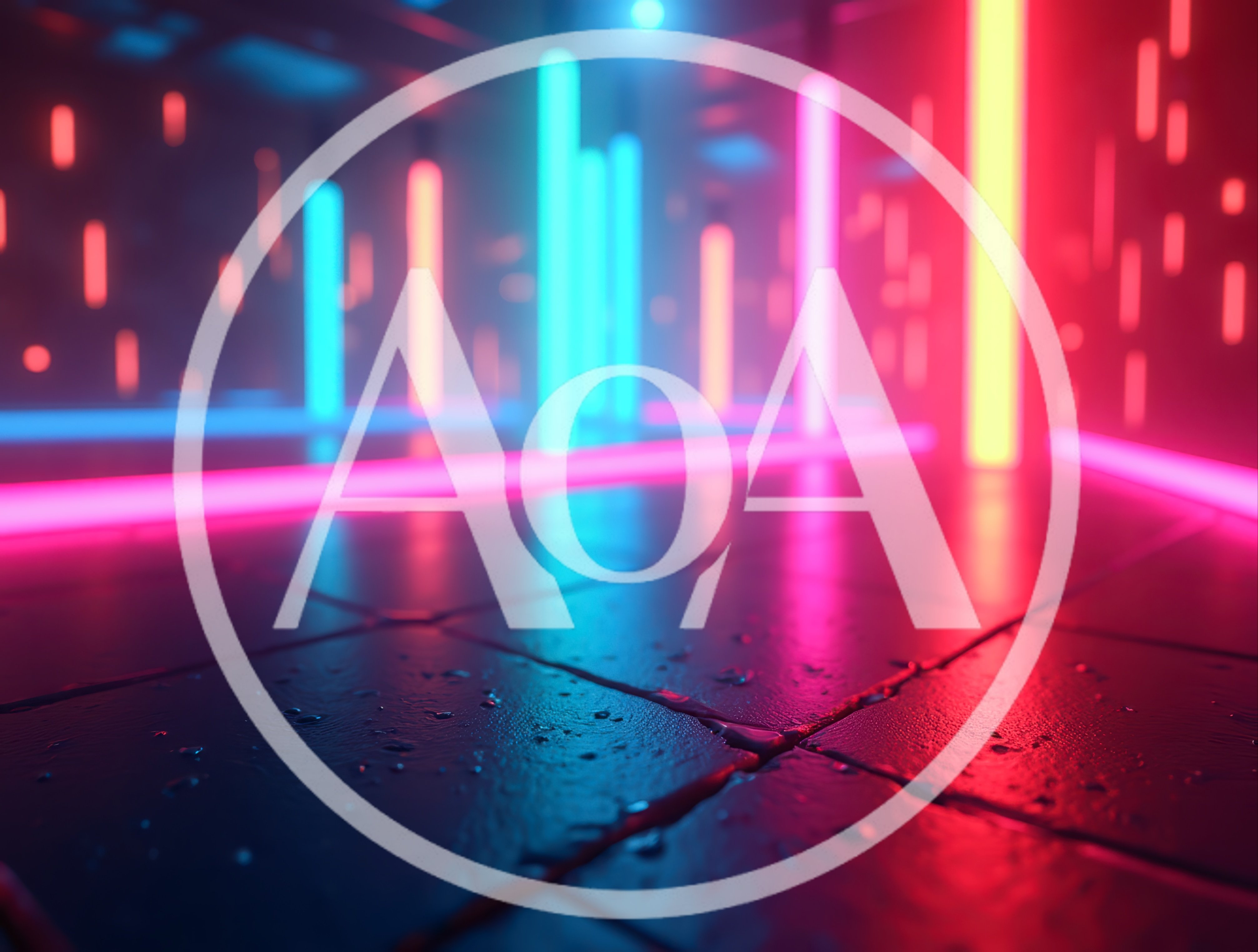 Abstract Neon Light Corridor With Reflective Wet Floor