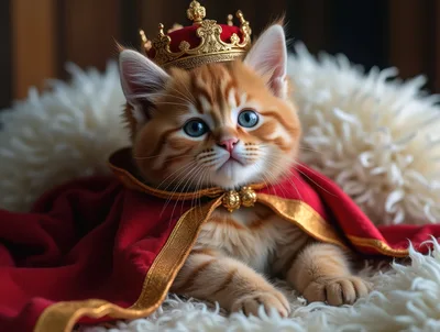 Adorable Ginger Kitten Wearing A Royal Crown And Cape
