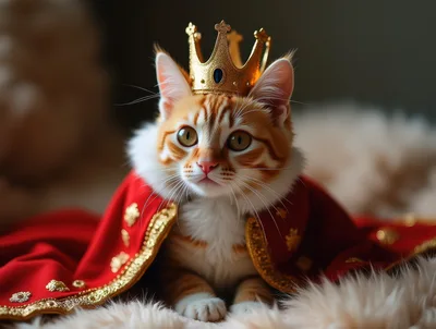 Ginger Tabby Cat Wearing A Royal Crown And Cape