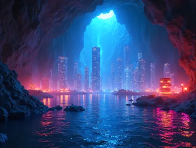 Futuristic Underground City Inside A Glowing Cavern