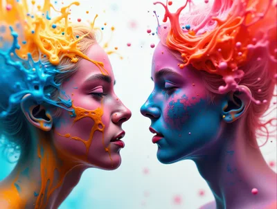 Two Women Facing Each Other With Colorful Paint Splashes
