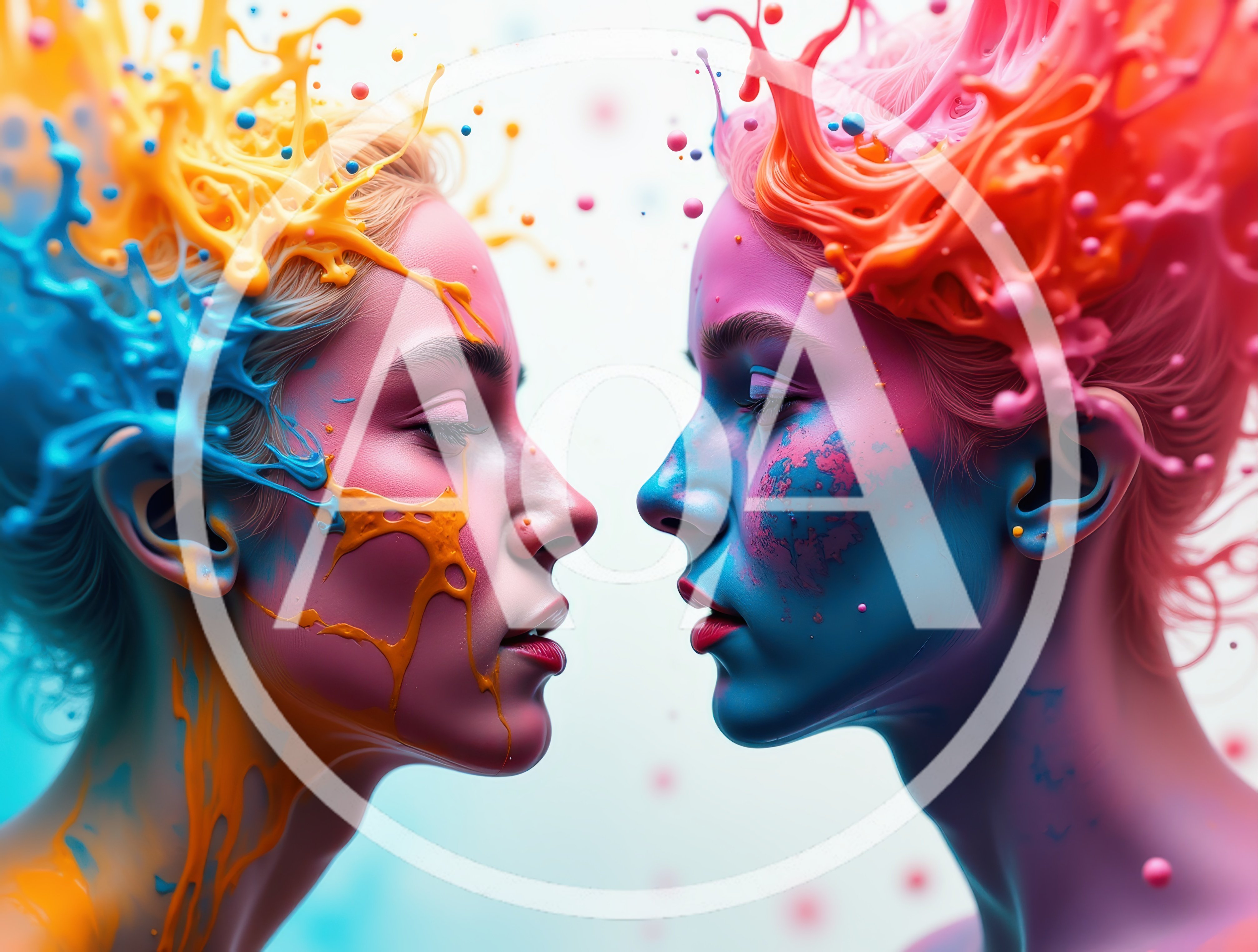 Two Women Facing Each Other With Colorful Paint Splashes