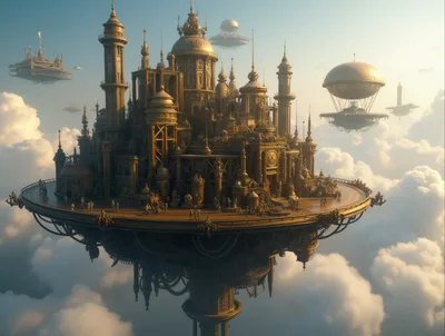 Steampunk Floating City Above The Clouds