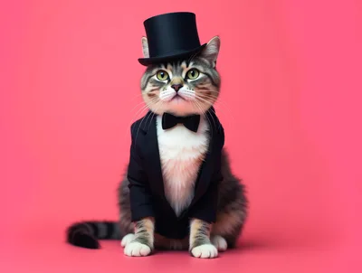 Dapper Tabby Cat Wearing Tuxedo and Top Hat