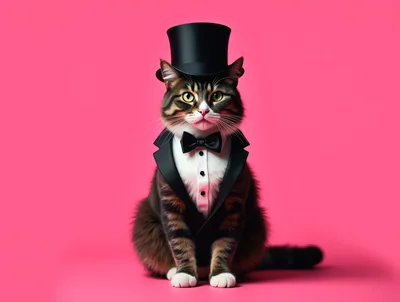 Dapper Tabby Cat Wearing A Tuxedo And Top Hat