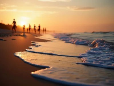 Silhouetted People Walking Along A Tropical Beach At Sunset