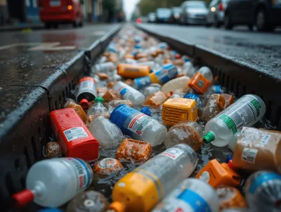 Plastic Waste Clogging A City Street Storm Drain