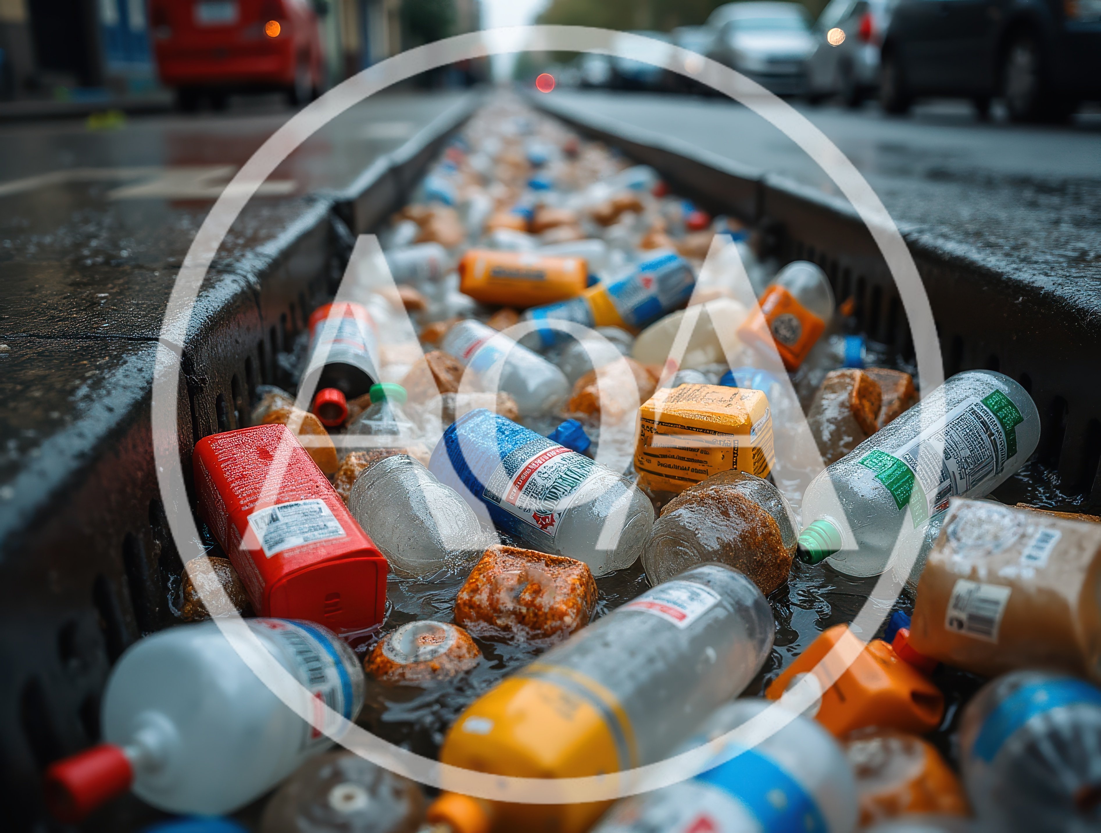 Plastic Waste Clogging A City Street Storm Drain