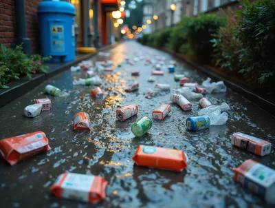 Littered Wet City Street With Discarded Trash
