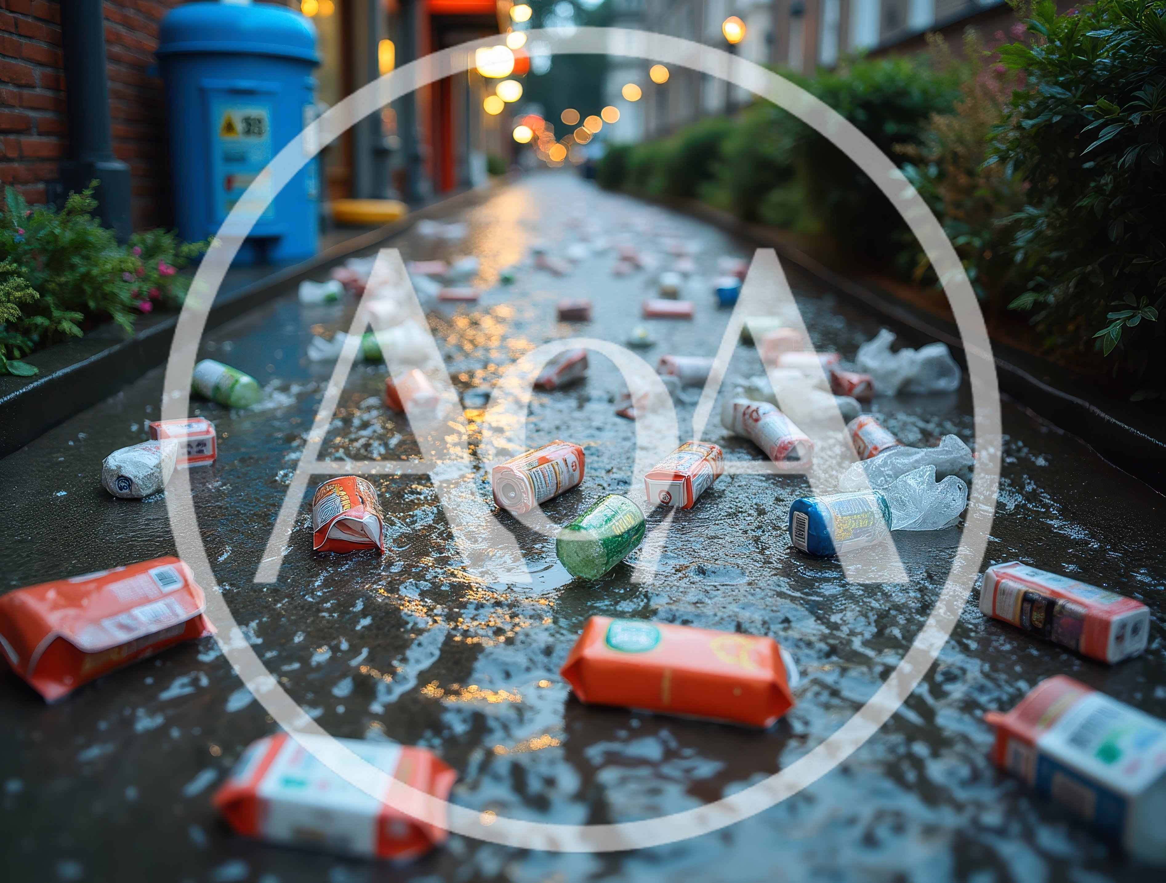 Littered Wet City Street With Discarded Trash