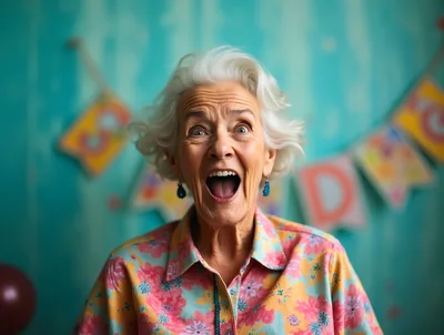 Excited Elderly Woman Celebrating With Birthday Decorations