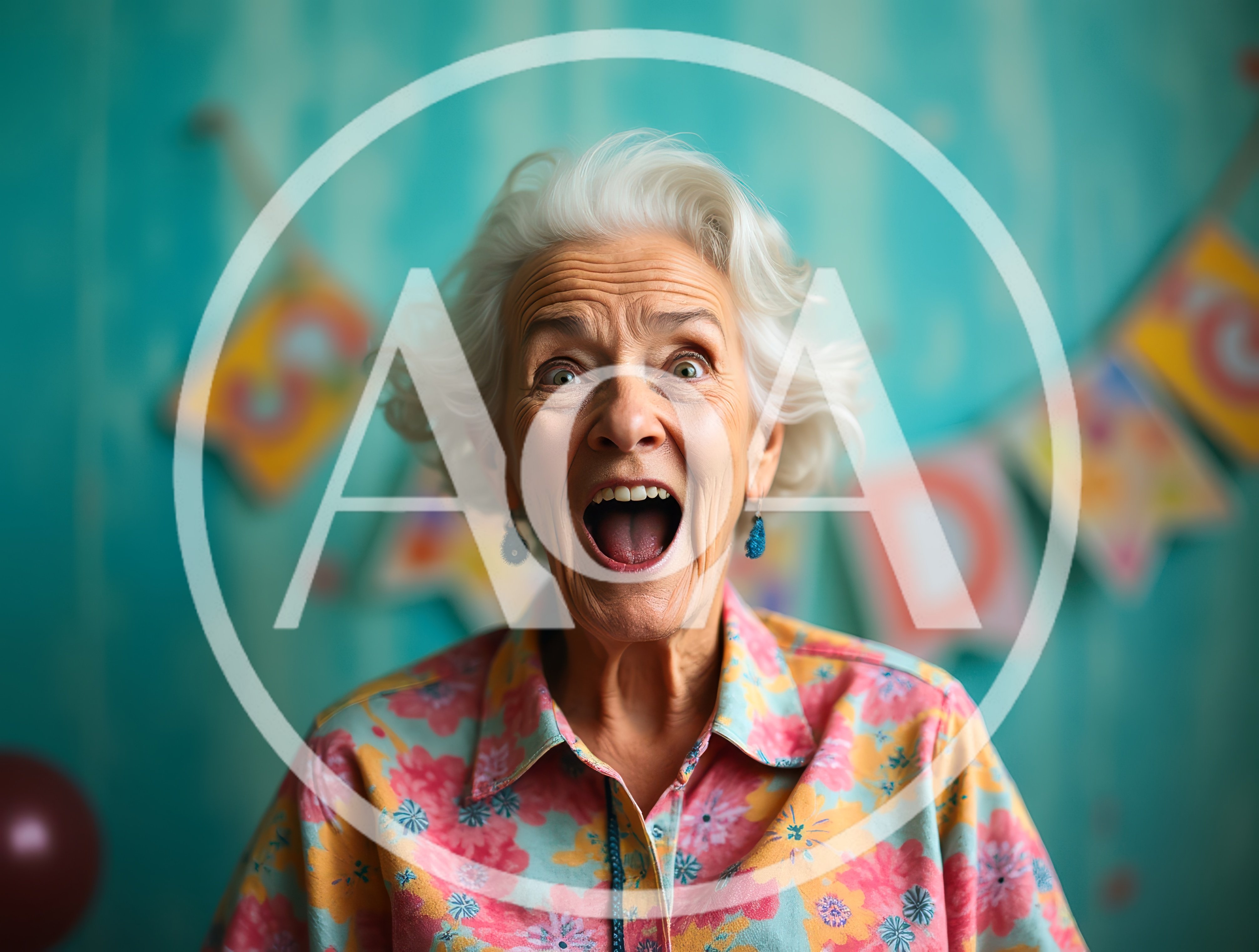 Excited Elderly Woman Celebrating With Birthday Decorations