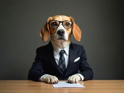 Beagle Dog Wearing Business Suit and Glasses