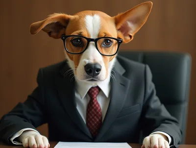 Professional Dog Wearing Suit And Glasses At Desk
