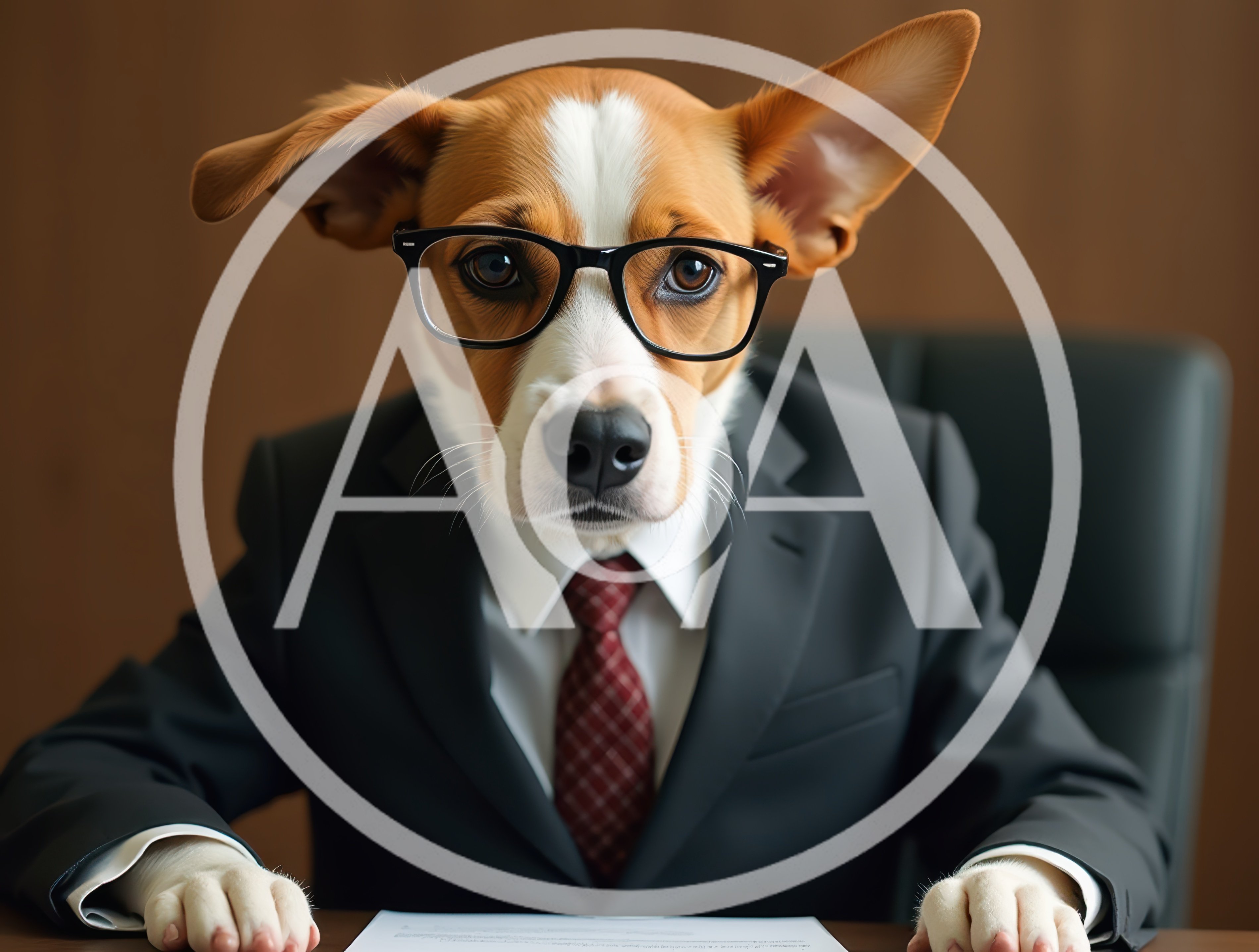 Professional Dog Wearing Suit And Glasses At Desk