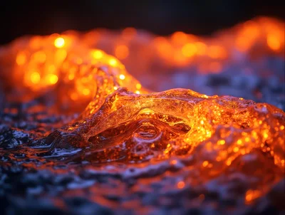 Molten Lava Flowing Over Dark Volcanic Rock