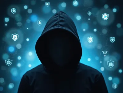 Anonymous Hacker In Hoodie With Digital Security Icons