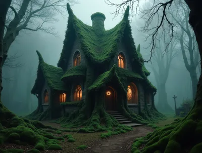 Moss Covered Gothic Cottage In A Misty Forest