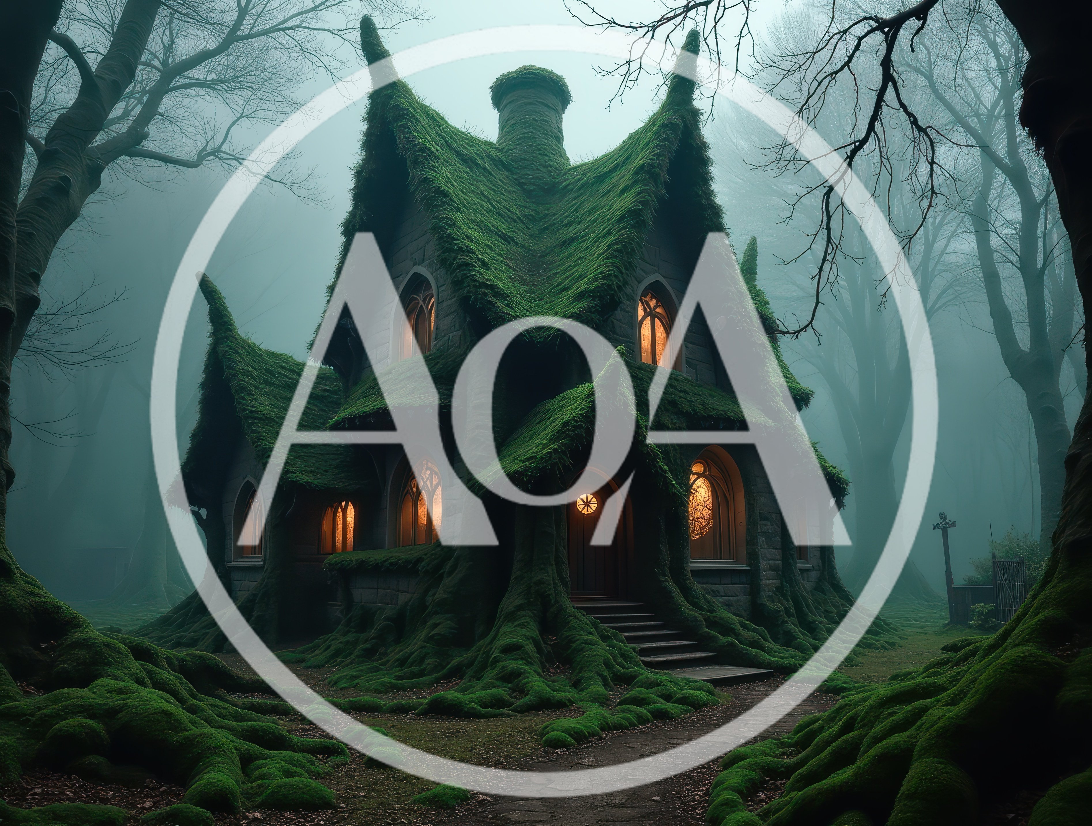 Moss Covered Gothic Cottage In A Misty Forest