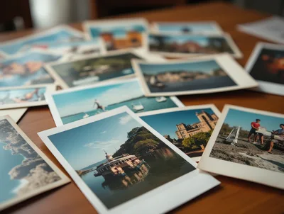 Scattered Vintage Photographs On A Wooden Table