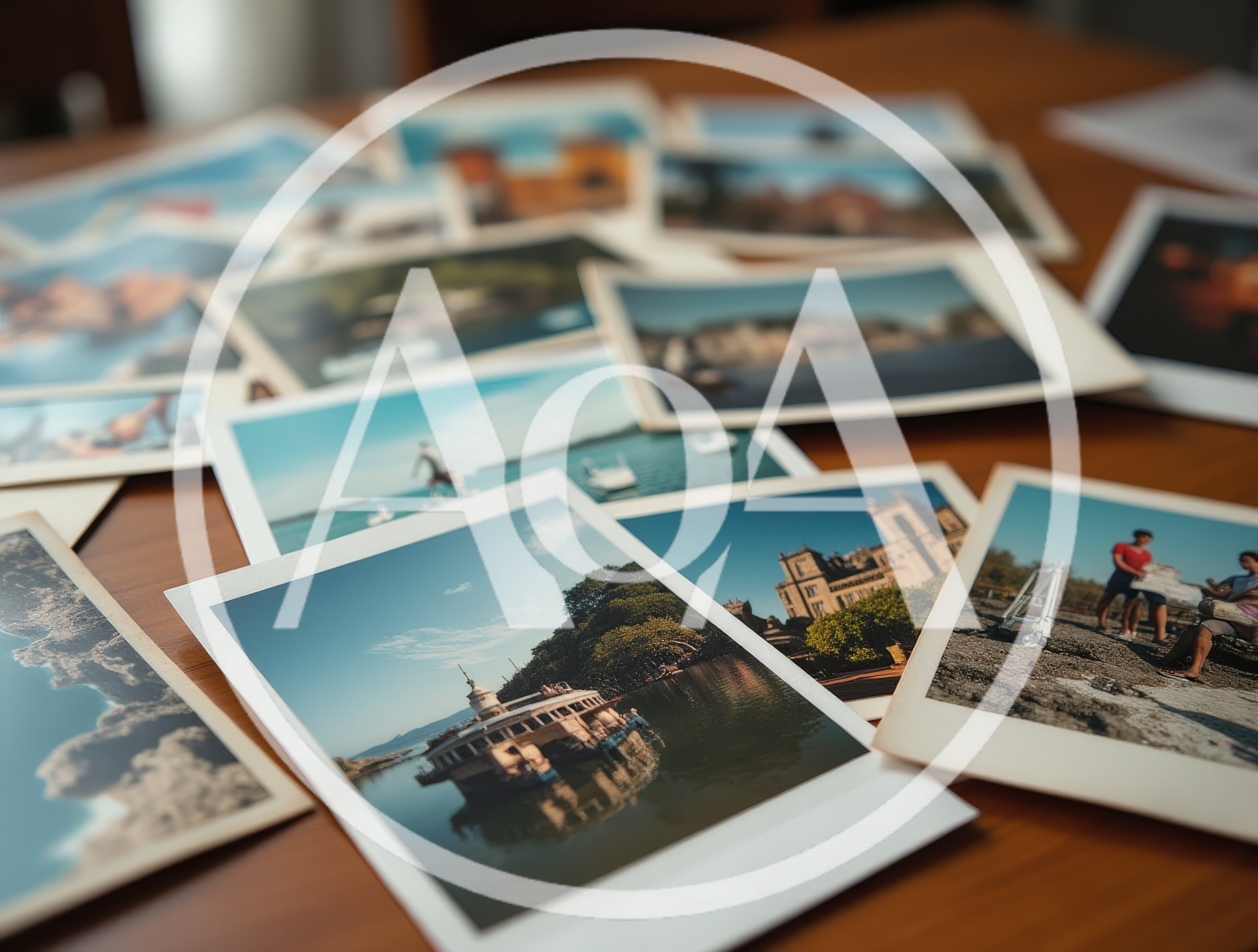 Scattered Vintage Photographs On A Wooden Table