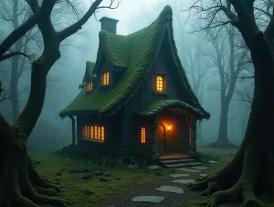 Enchanted Mossy Cottage In A Misty Forest