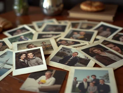 Collection Of Vintage Family Photographs On Wooden Table