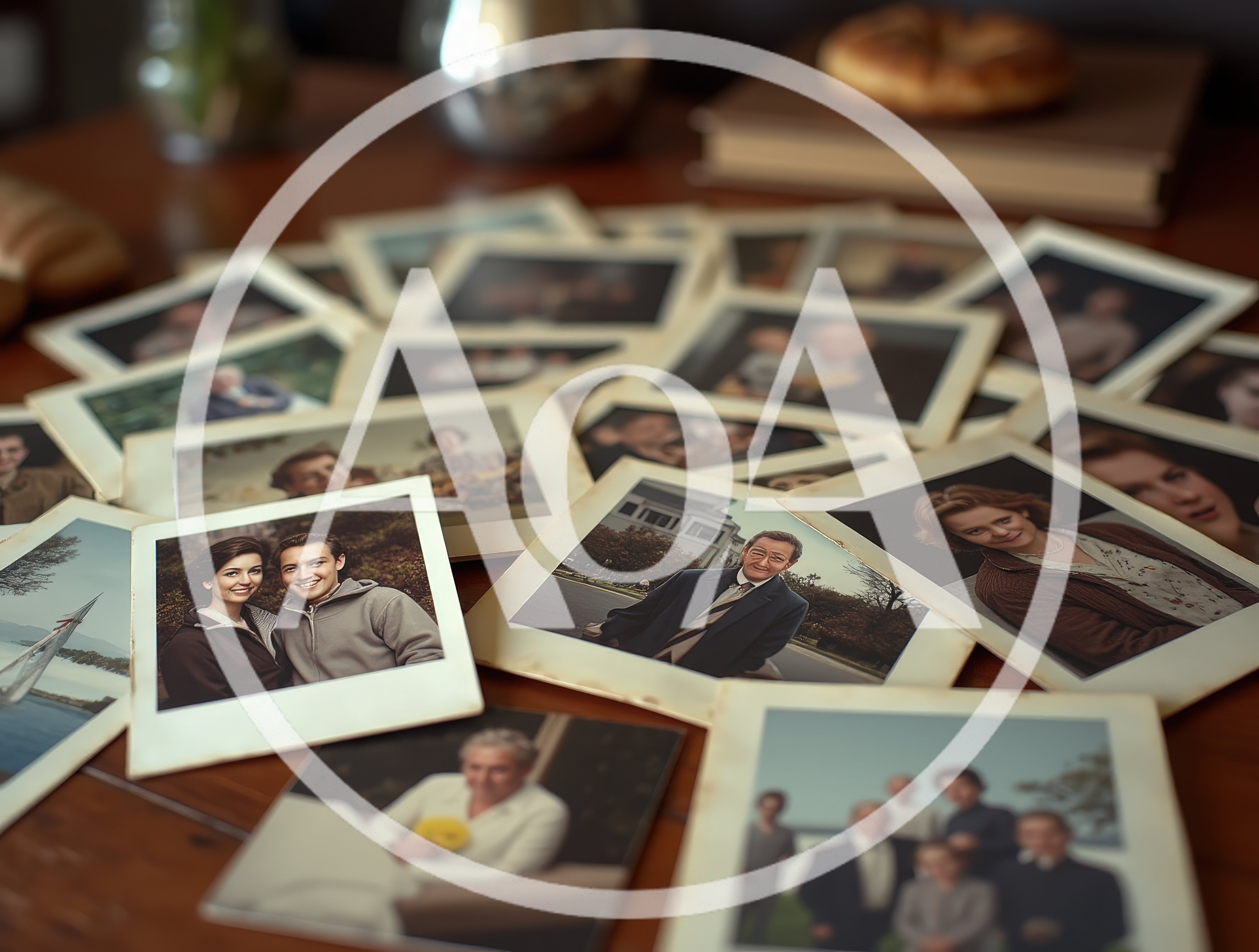 Collection Of Vintage Family Photographs On Wooden Table