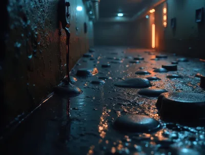 Dark Industrial Corridor With Leaking Viscous Liquid