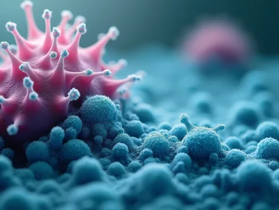 Microscopic View of Virus Attacking Human Cells