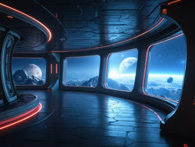 Futuristic Space Station Observation Deck With Planetary View