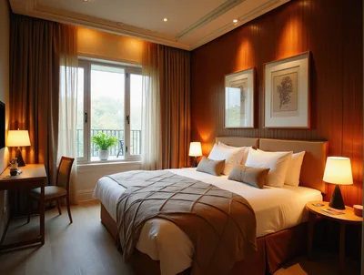 Modern Hotel Bedroom Interior With Warm Lighting