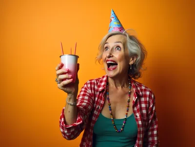 Excited Senior Woman Celebrating With Party Hat And Cup