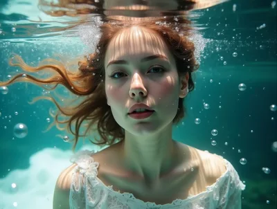 Young Woman Underwater In A White Lace Dress