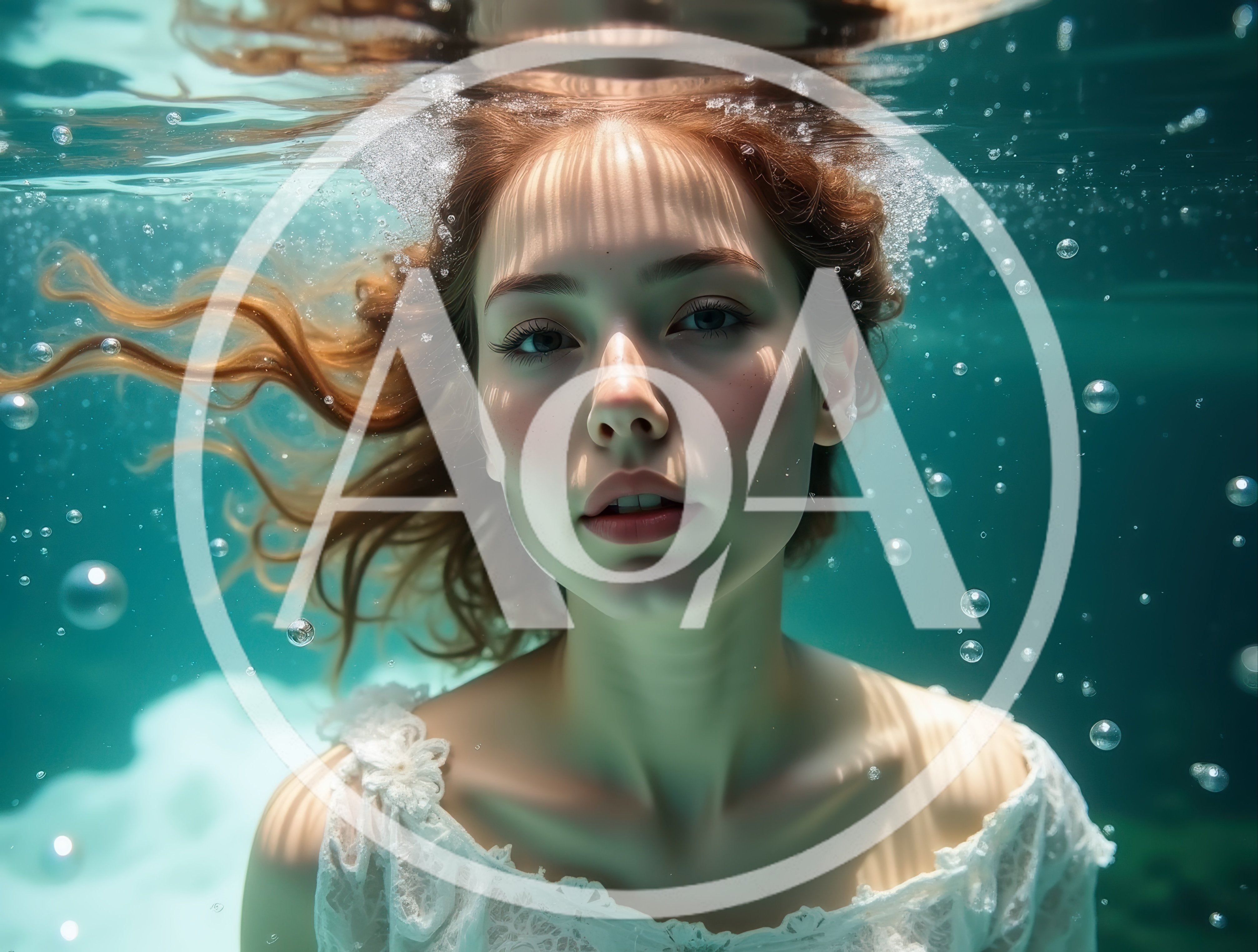 Young Woman Underwater In A White Lace Dress