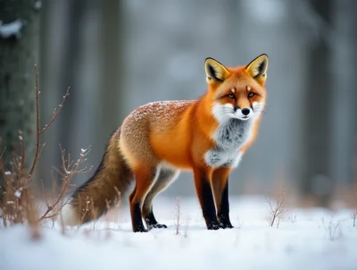 Red Fox Standing In Snowy Forest