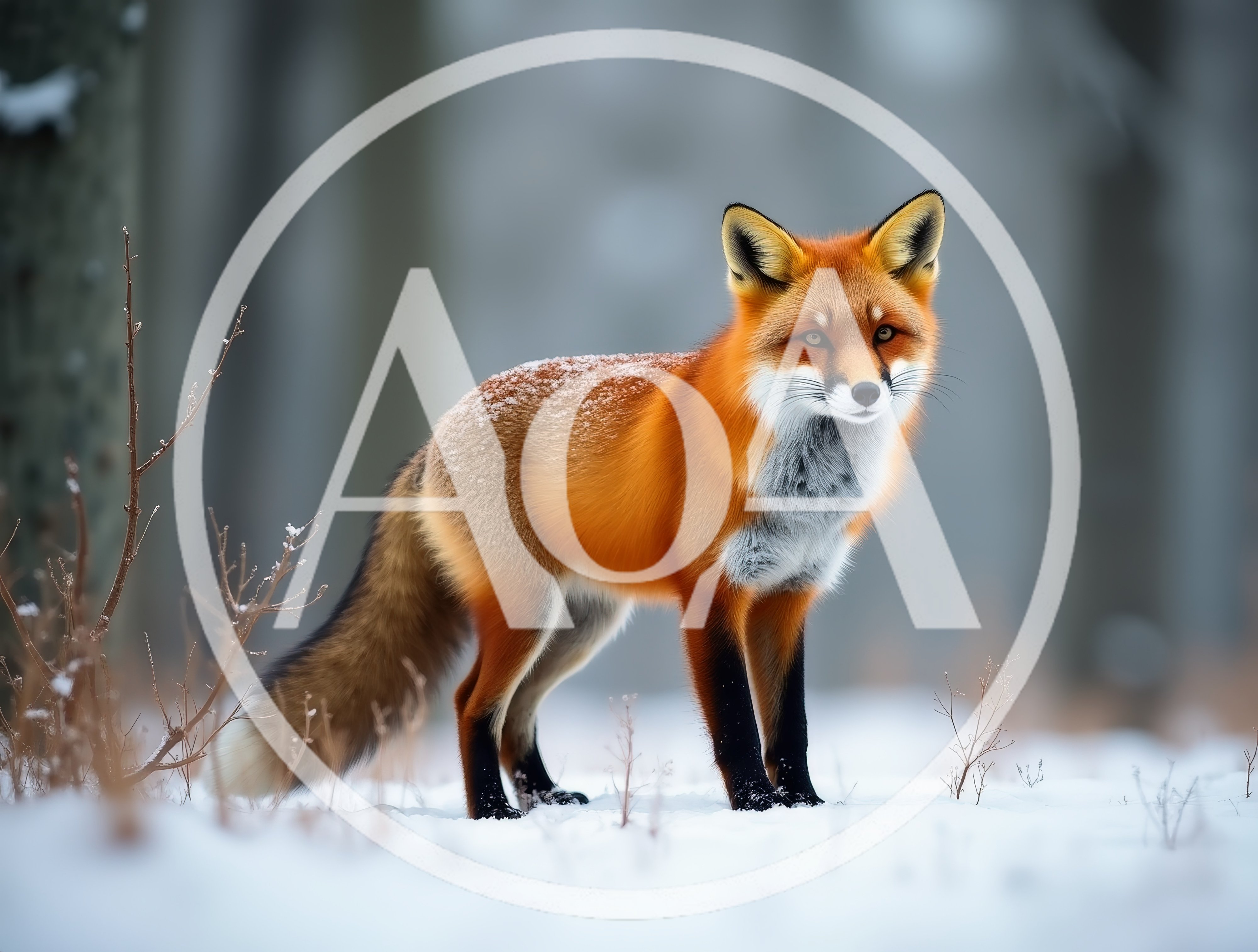 Red Fox Standing In Snowy Forest