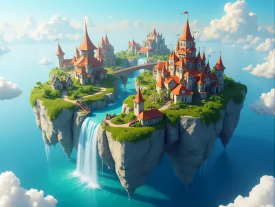 Fantasy Floating Castle Islands With Cascading Waterfalls