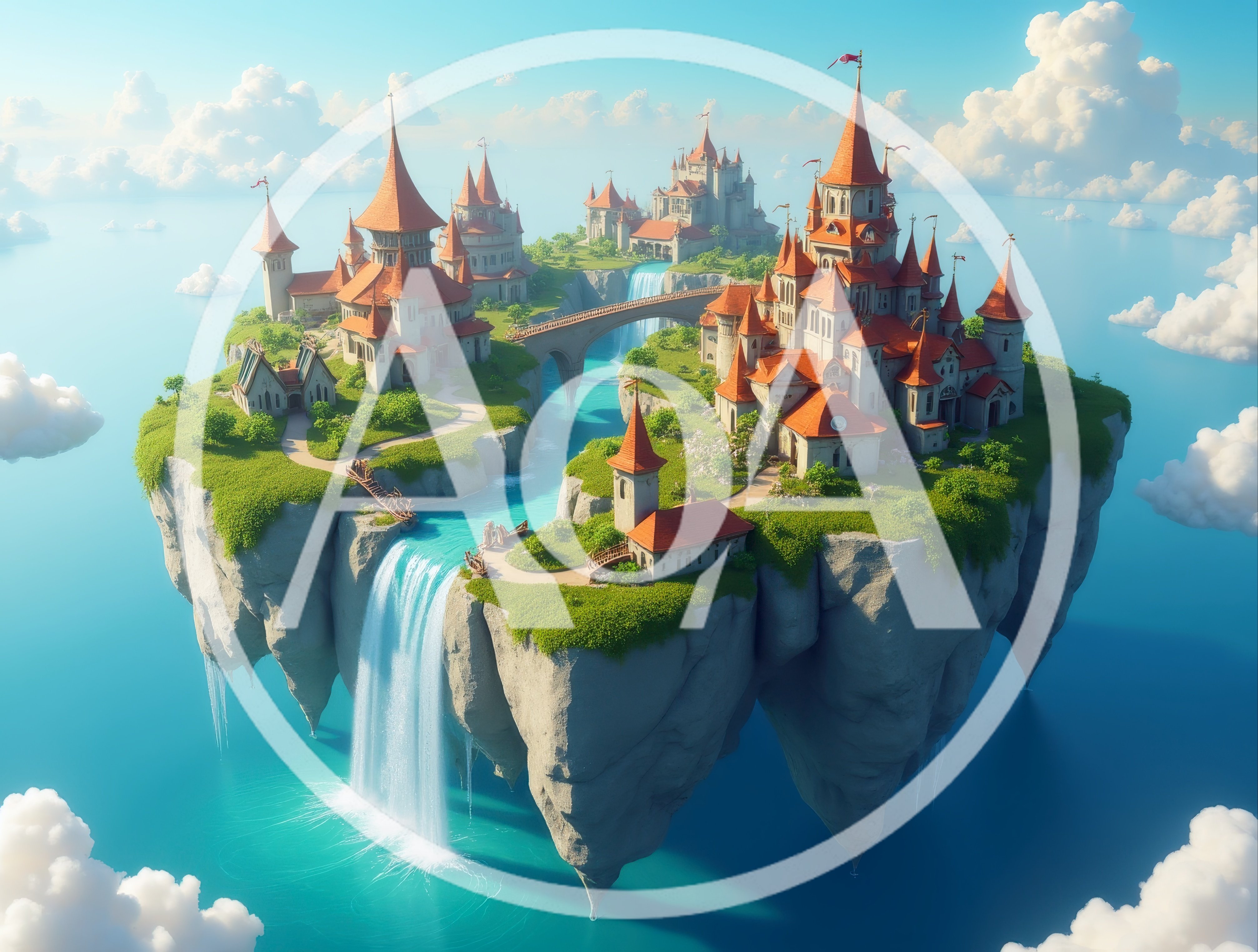 Fantasy Floating Castle Islands With Cascading Waterfalls