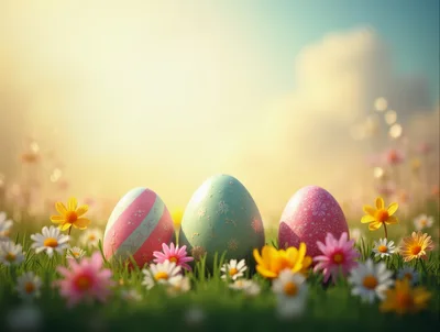Three Decorated Easter Eggs In A Sunny Flower Meadow