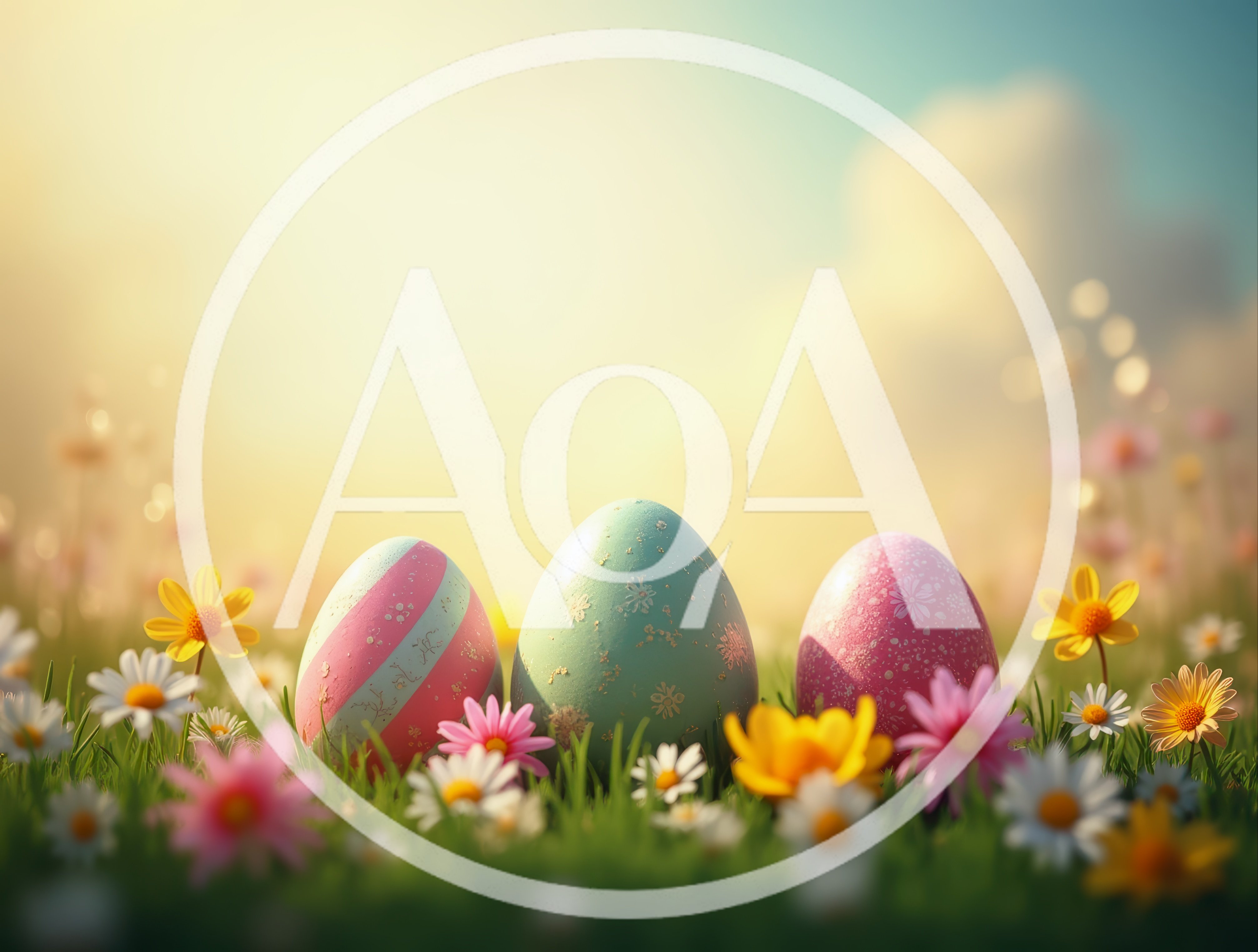 Three Decorated Easter Eggs In A Sunny Flower Meadow