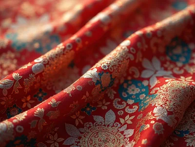 Red Silk Fabric With Intricate Gold Floral Patterns