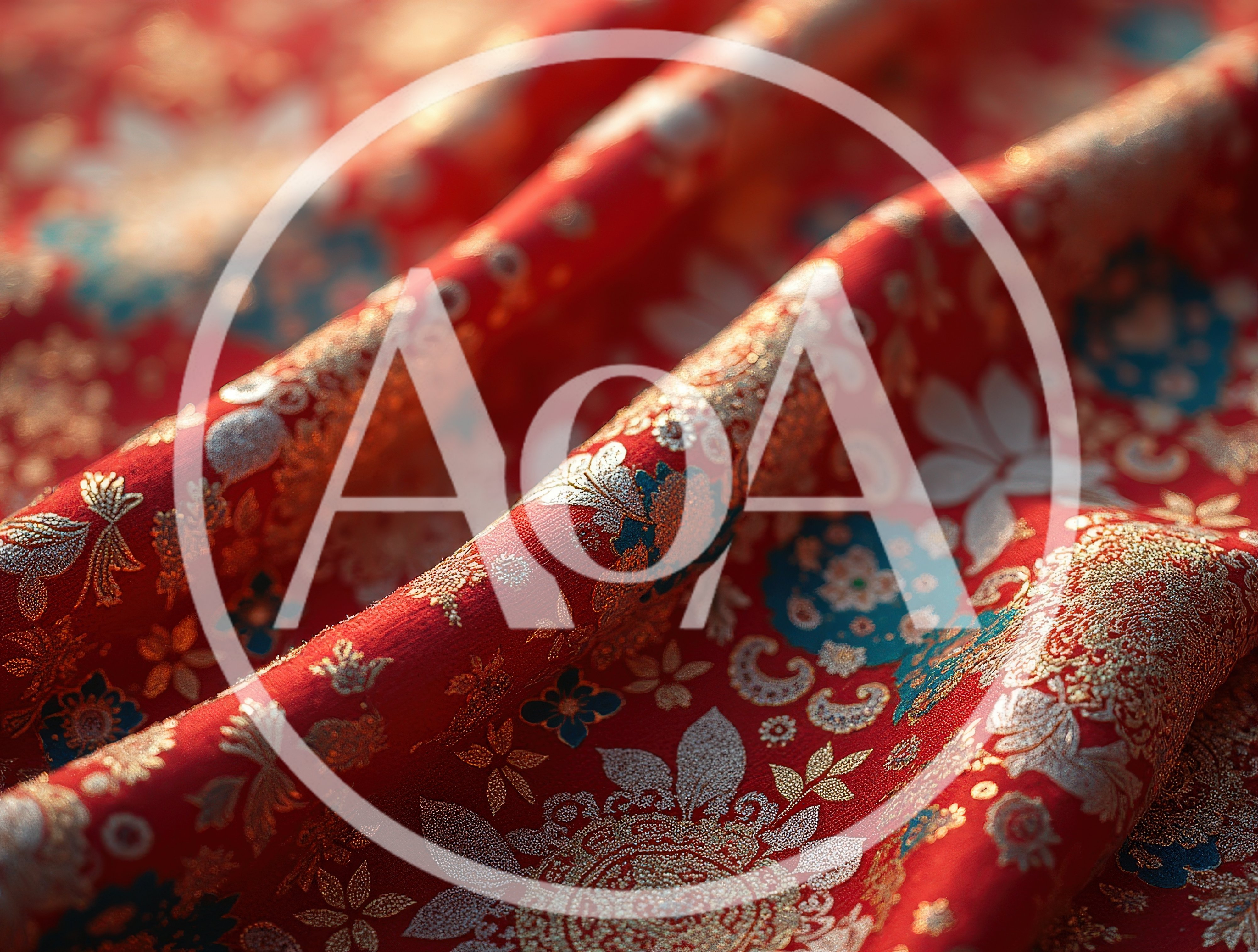 Red Silk Fabric With Intricate Gold Floral Patterns