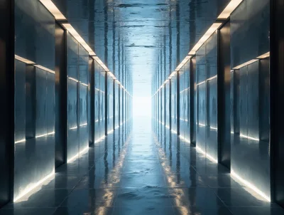 Futuristic Corridor With Glowing Lights And Reflective Floor