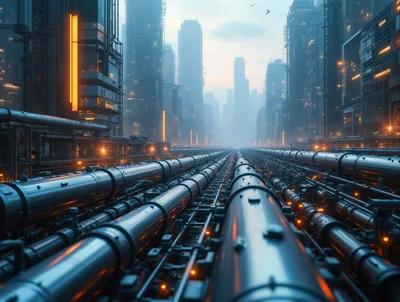 Futuristic Industrial Cityscape With Massive Pipelines