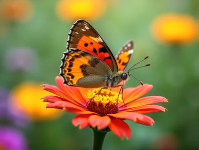 Painted Lady Butterfly Resting On A Vibrant Zinnia Flower