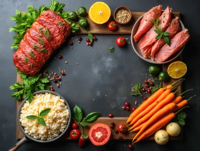 Culinary Ingredients Arranged on a Wooden Frame