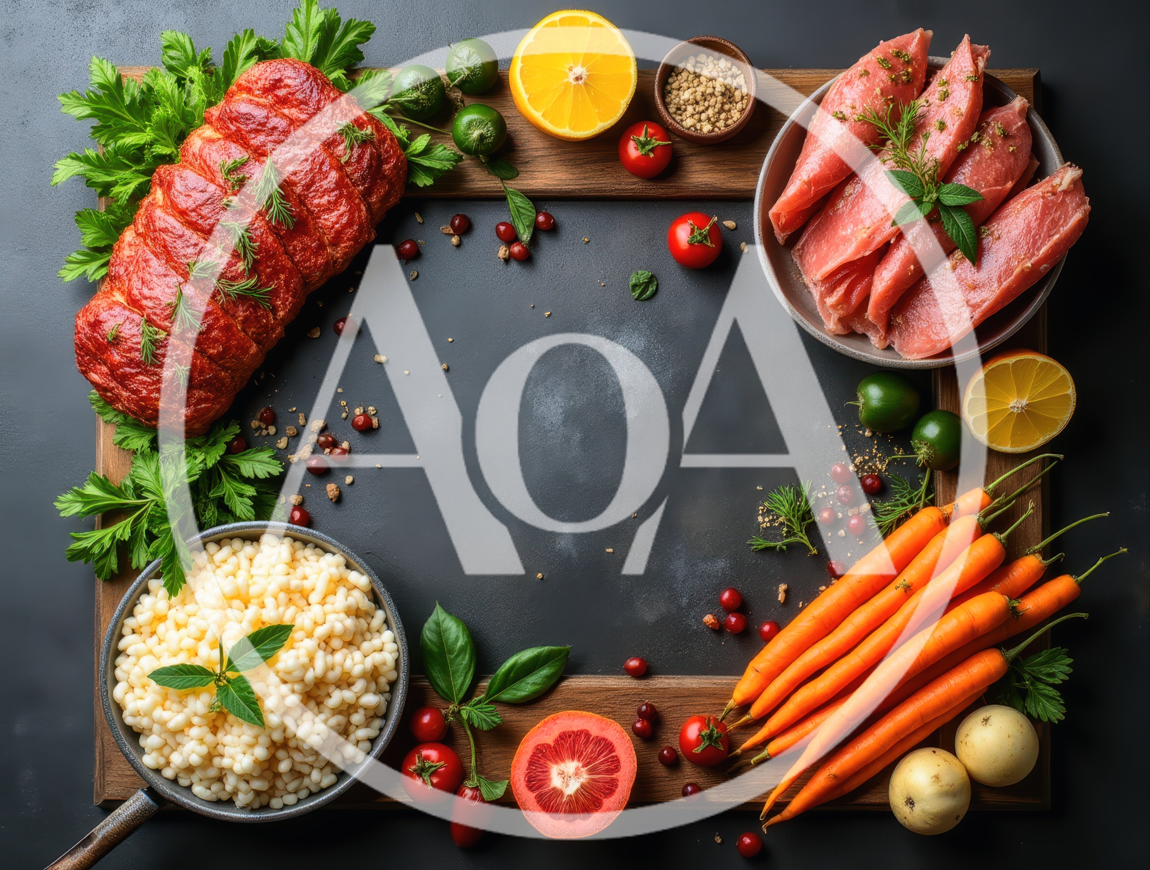 Culinary Ingredients Arranged on a Wooden Frame